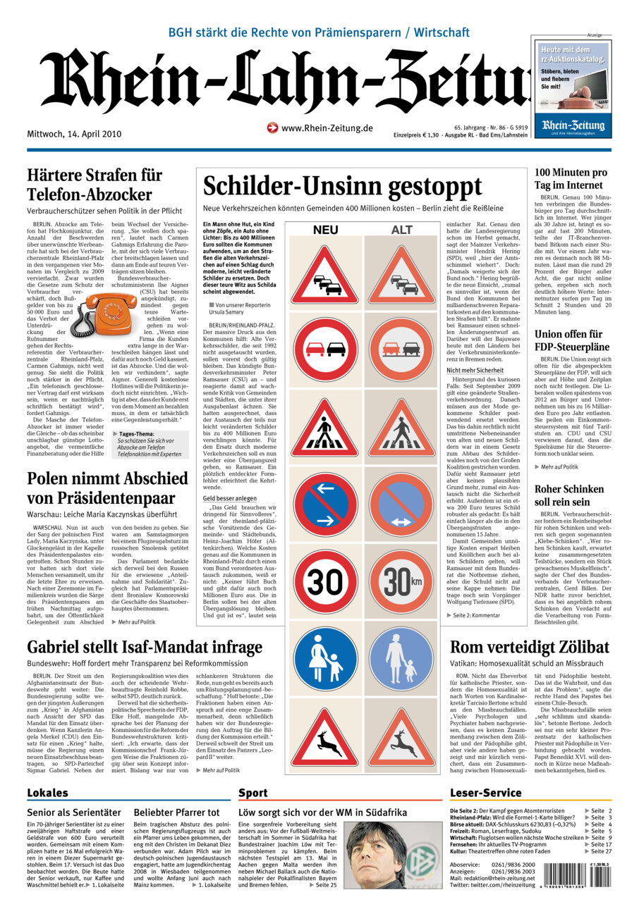 Rhein-Lahn-Zeitung vom Mittwoch, 14.04.2010