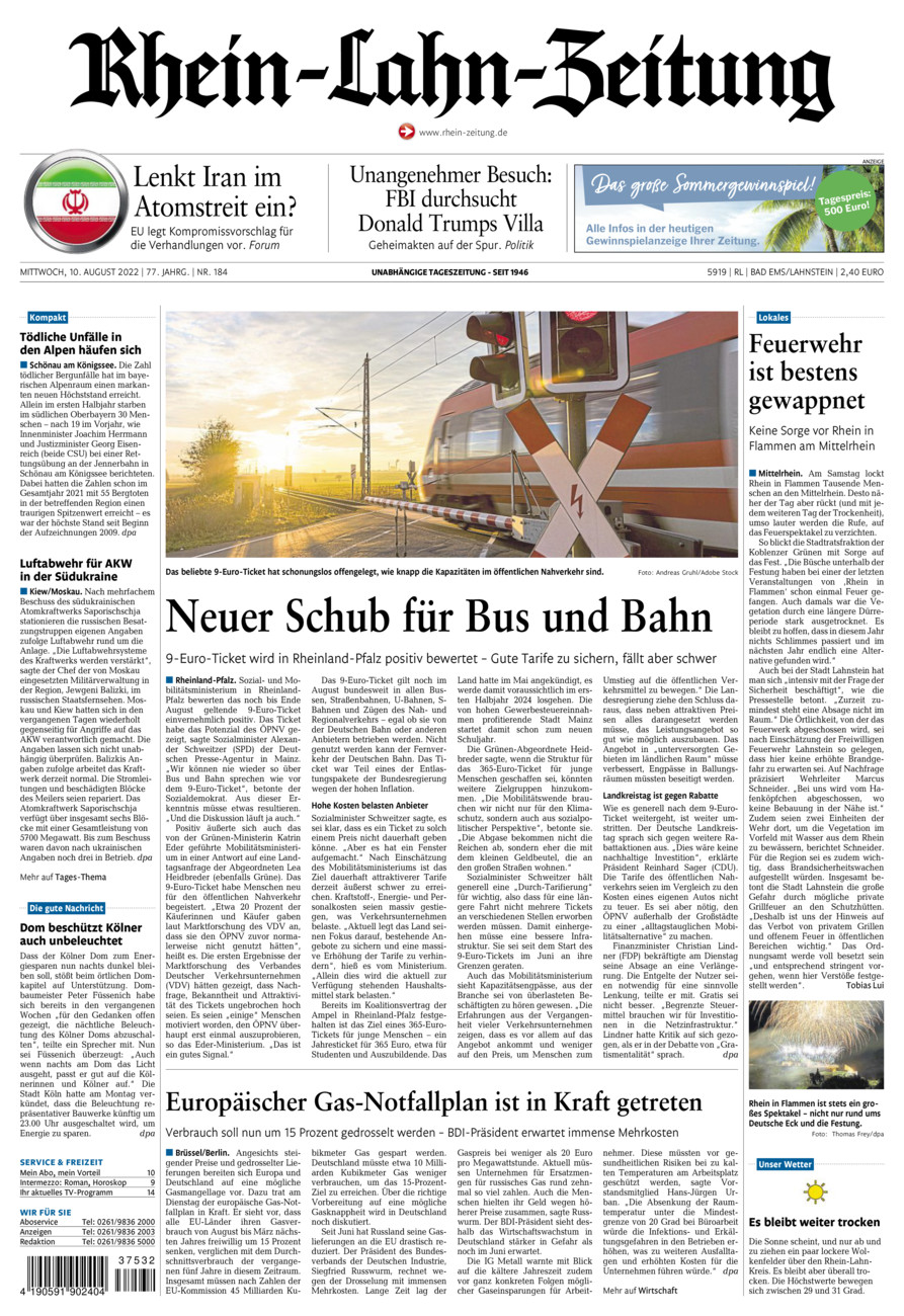 Rhein-Lahn-Zeitung vom Mittwoch, 10.08.2022