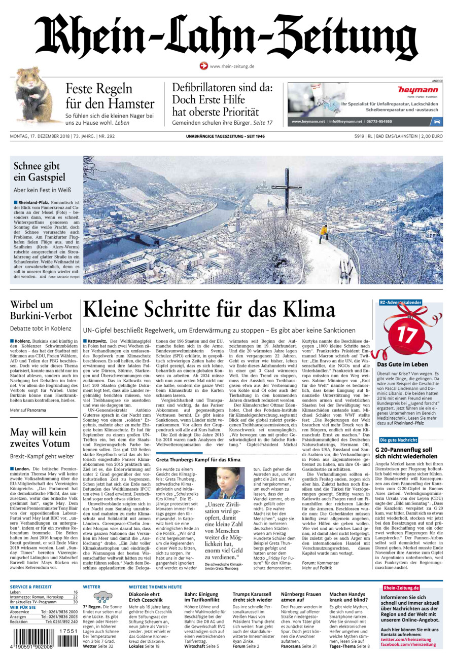 Rhein-Lahn-Zeitung vom Montag, 17.12.2018