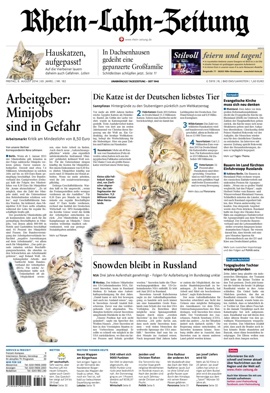Rhein-Lahn-Zeitung vom Freitag, 08.08.2014