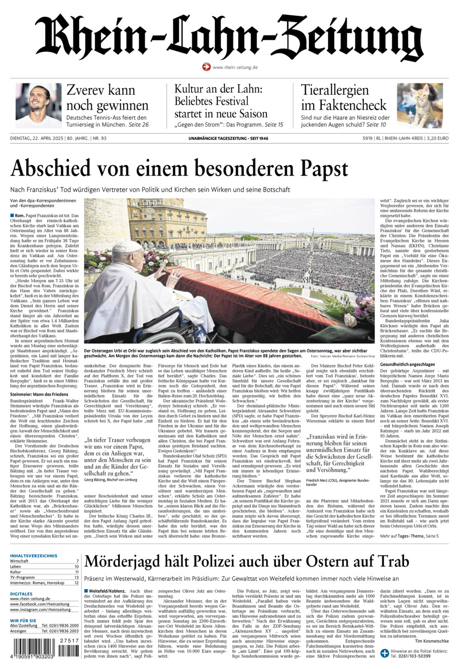 Rhein-Lahn-Zeitung vom Dienstag, 22.04.2025