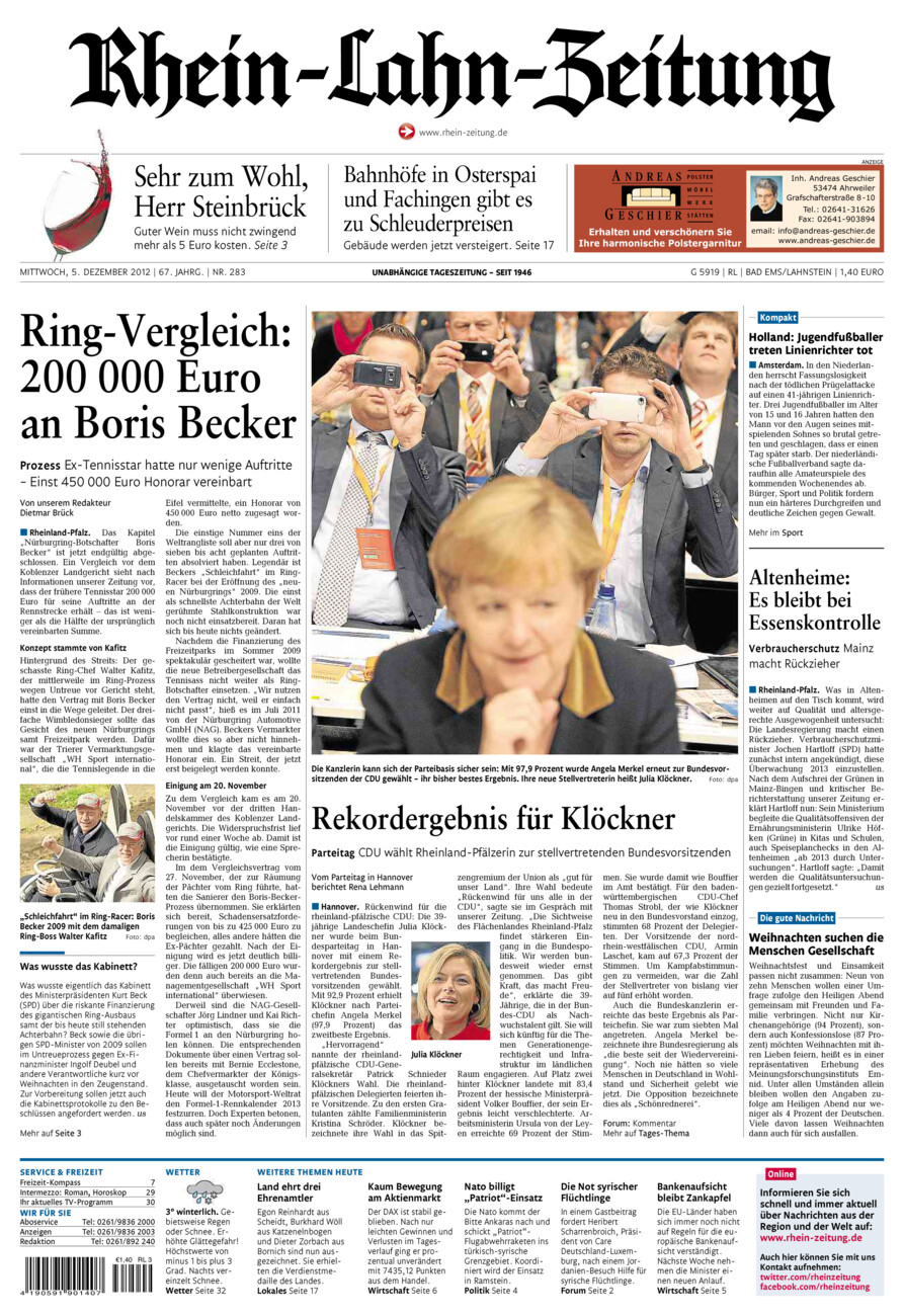 Rhein-Lahn-Zeitung vom Mittwoch, 05.12.2012