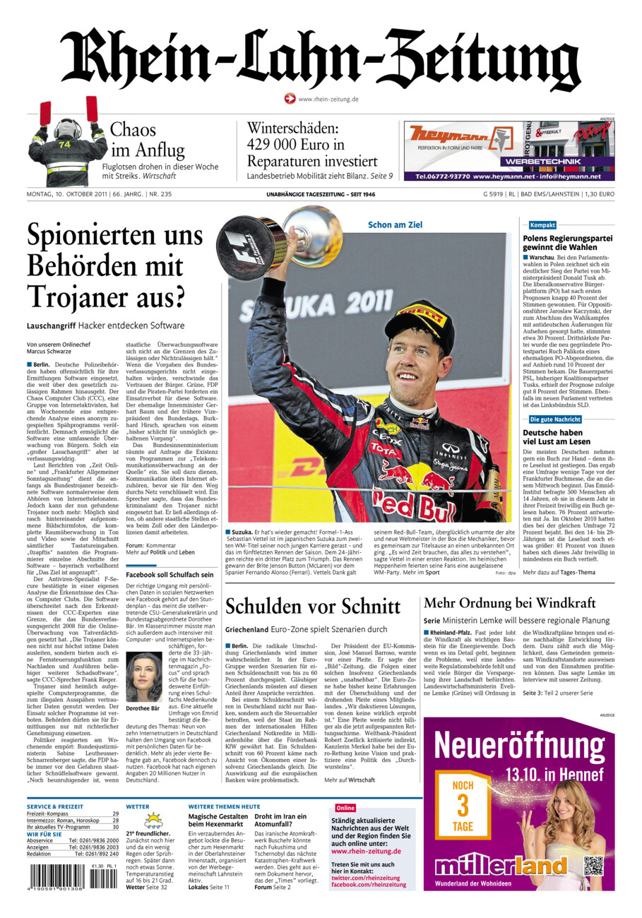 Rhein-Lahn-Zeitung vom Montag, 10.10.2011