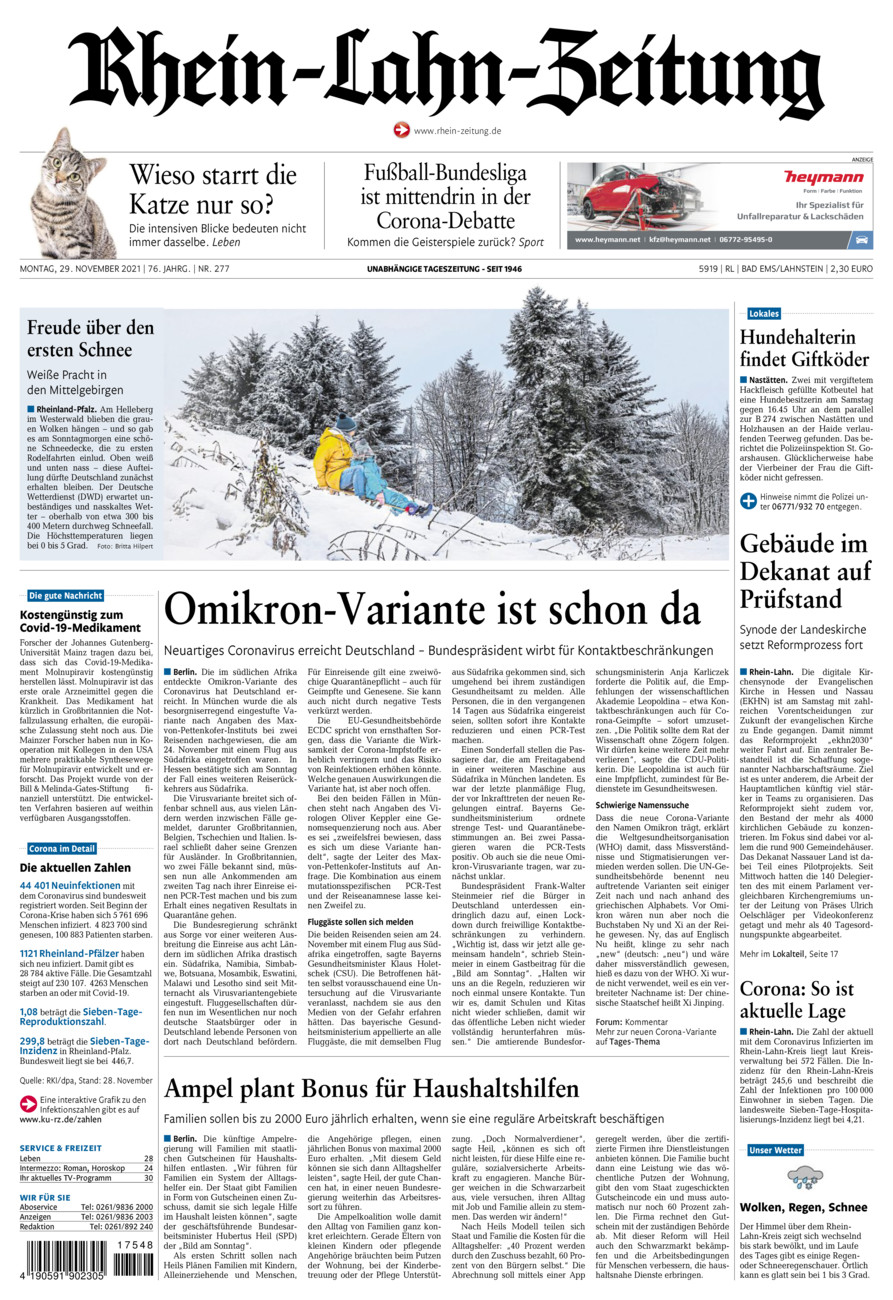 Rhein-Lahn-Zeitung vom Montag, 29.11.2021