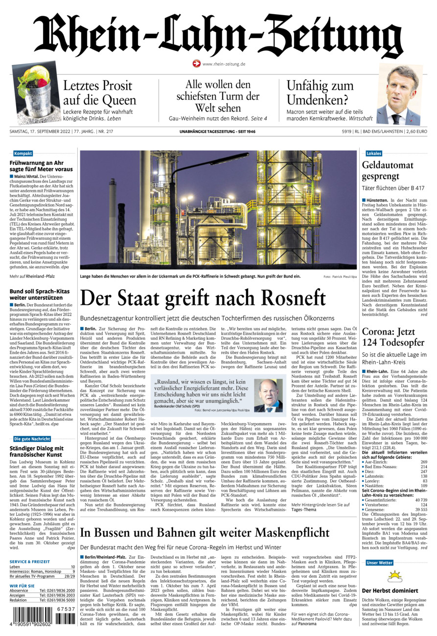 Rhein-Lahn-Zeitung vom Samstag, 17.09.2022