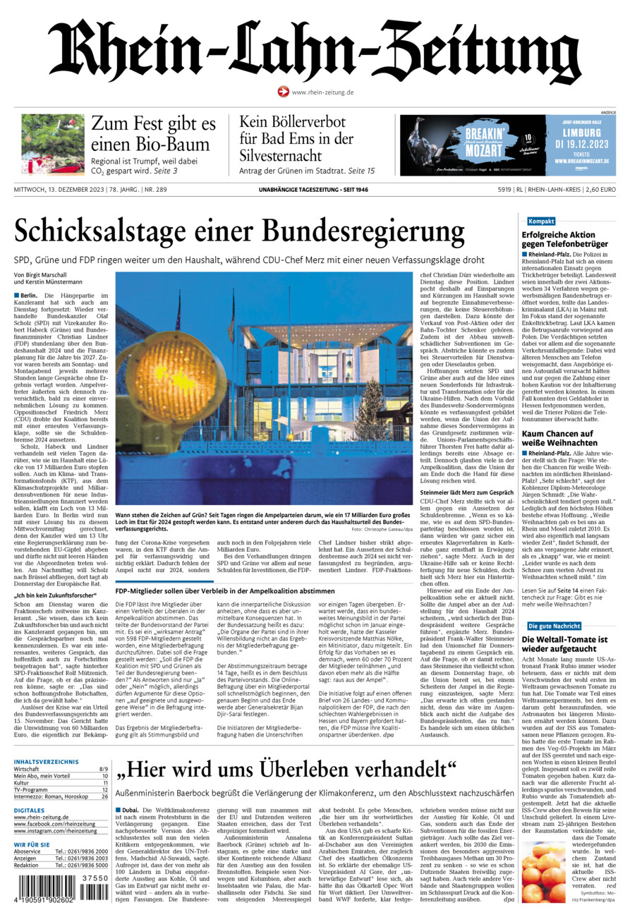 Rhein-Lahn-Zeitung vom Mittwoch, 13.12.2023