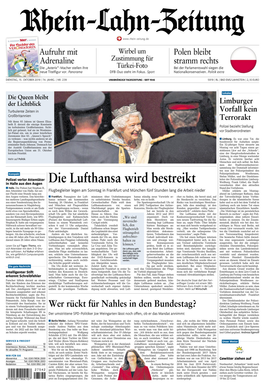 Rhein-Lahn-Zeitung vom Dienstag, 15.10.2019