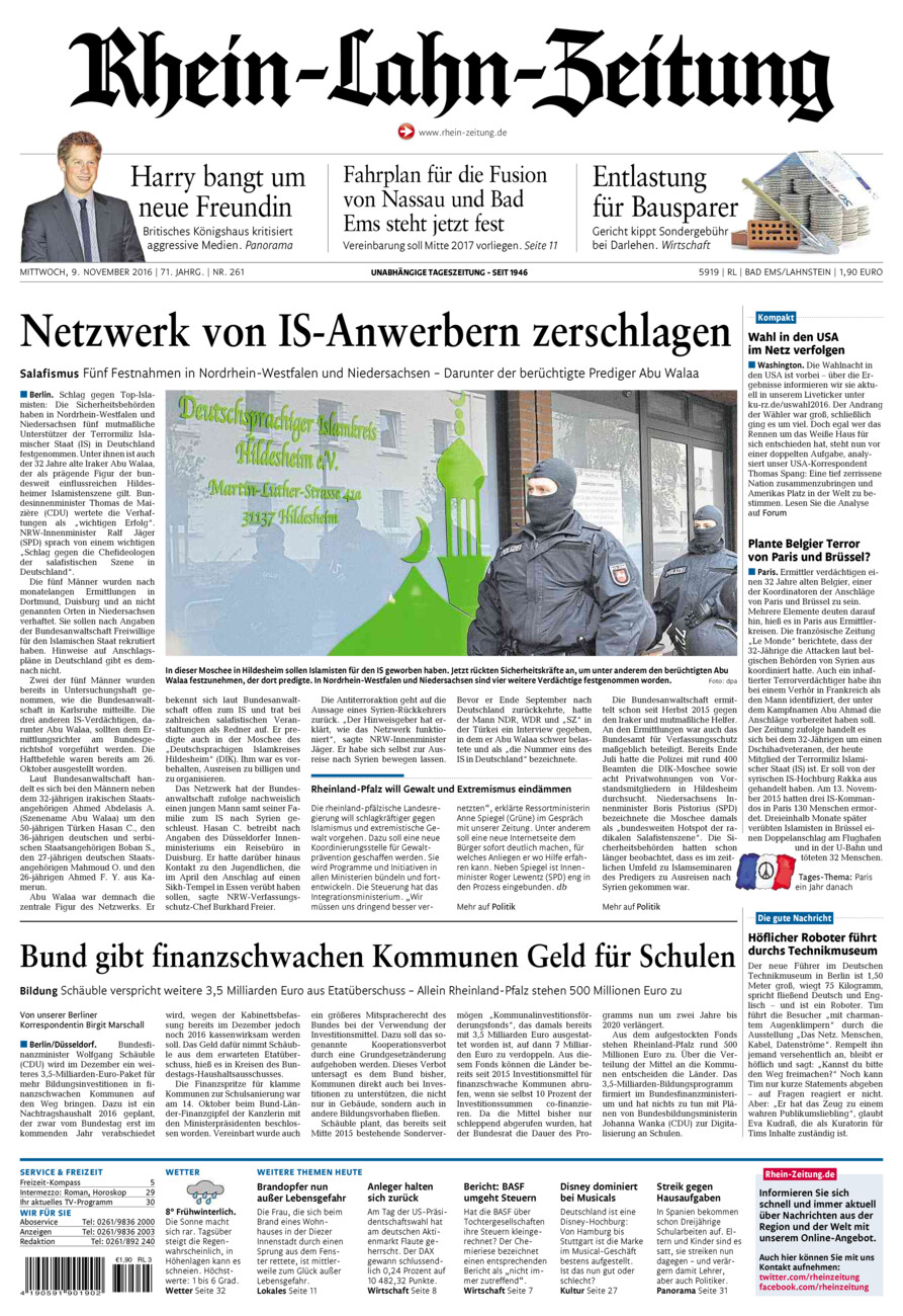 Rhein-Lahn-Zeitung vom Mittwoch, 09.11.2016