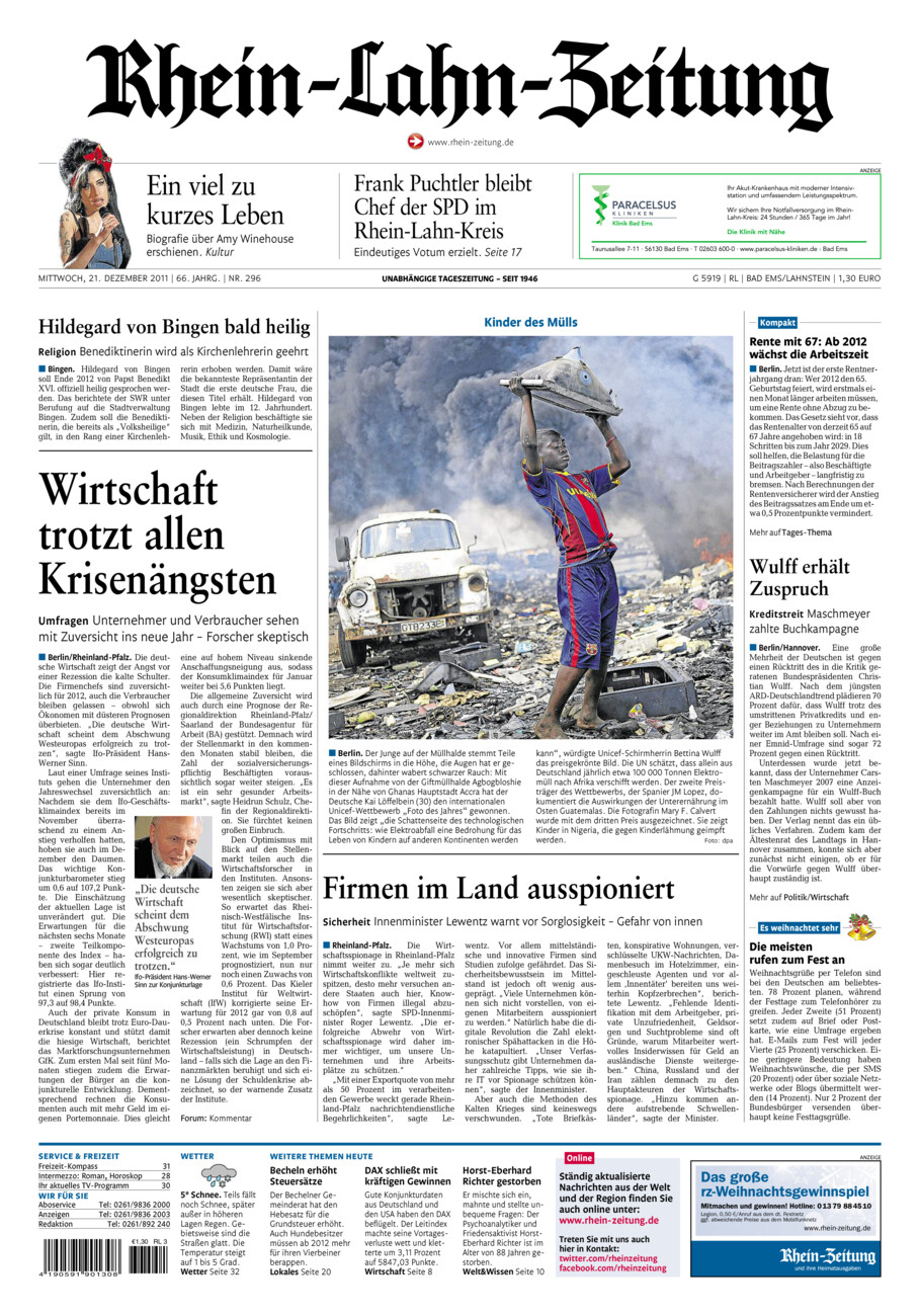 Rhein-Lahn-Zeitung vom Mittwoch, 21.12.2011