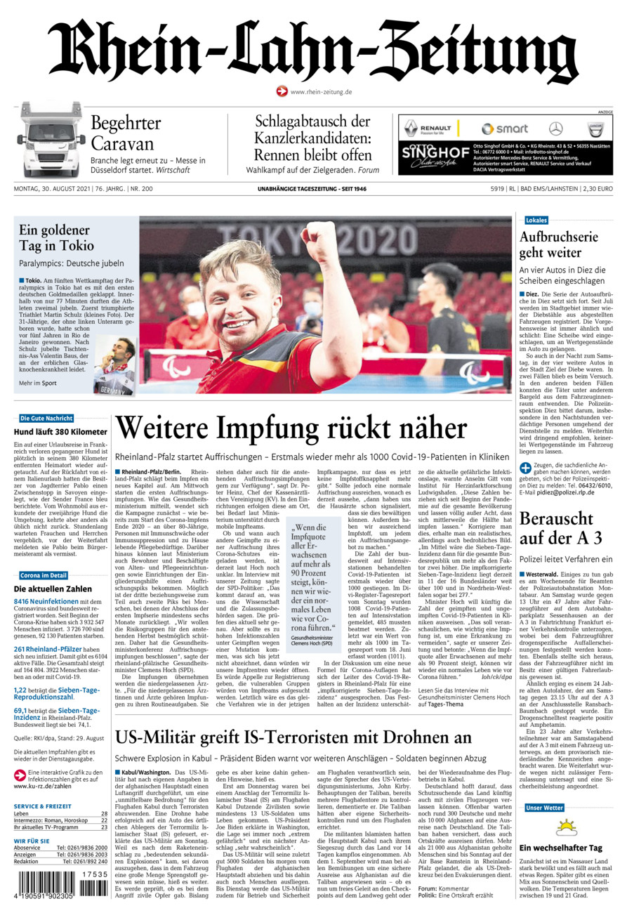 Rhein-Lahn-Zeitung vom Montag, 30.08.2021