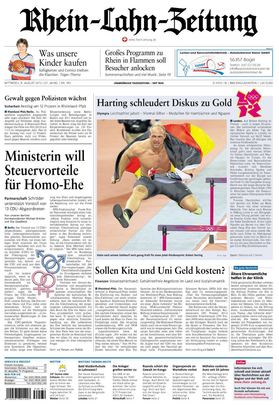 Rhein-Lahn-Zeitung vom Mittwoch, 08.08.2012