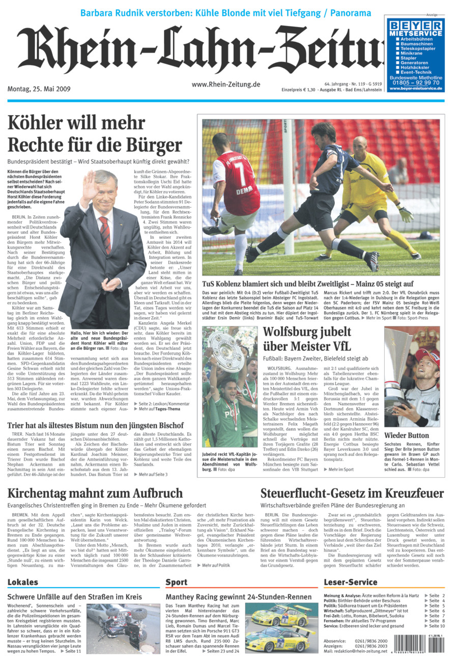 Rhein-Lahn-Zeitung vom Montag, 25.05.2009