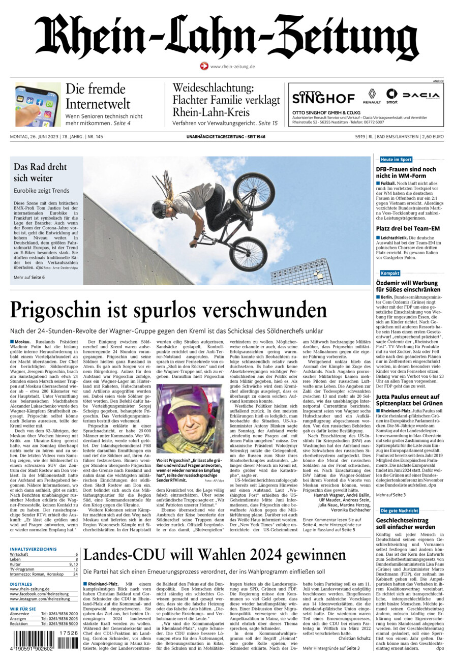 Rhein-Lahn-Zeitung vom Montag, 26.06.2023