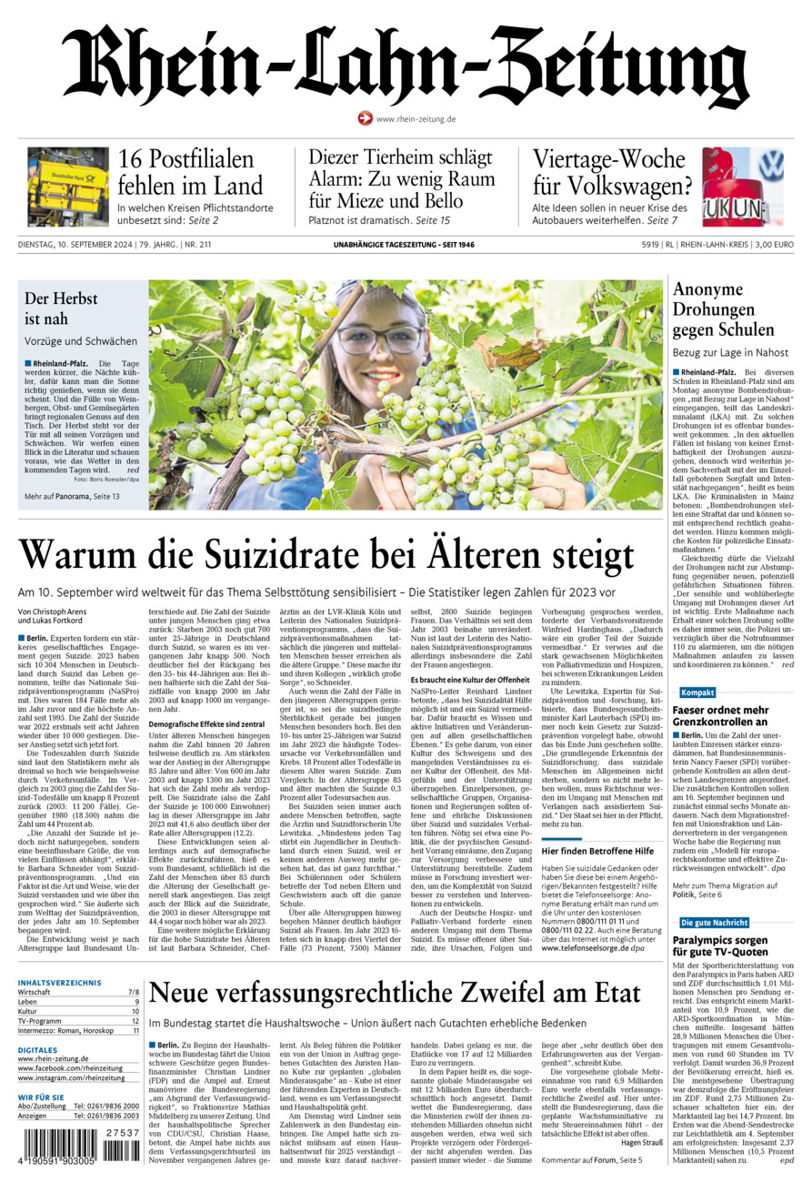 Rhein-Lahn-Zeitung vom Dienstag, 10.09.2024