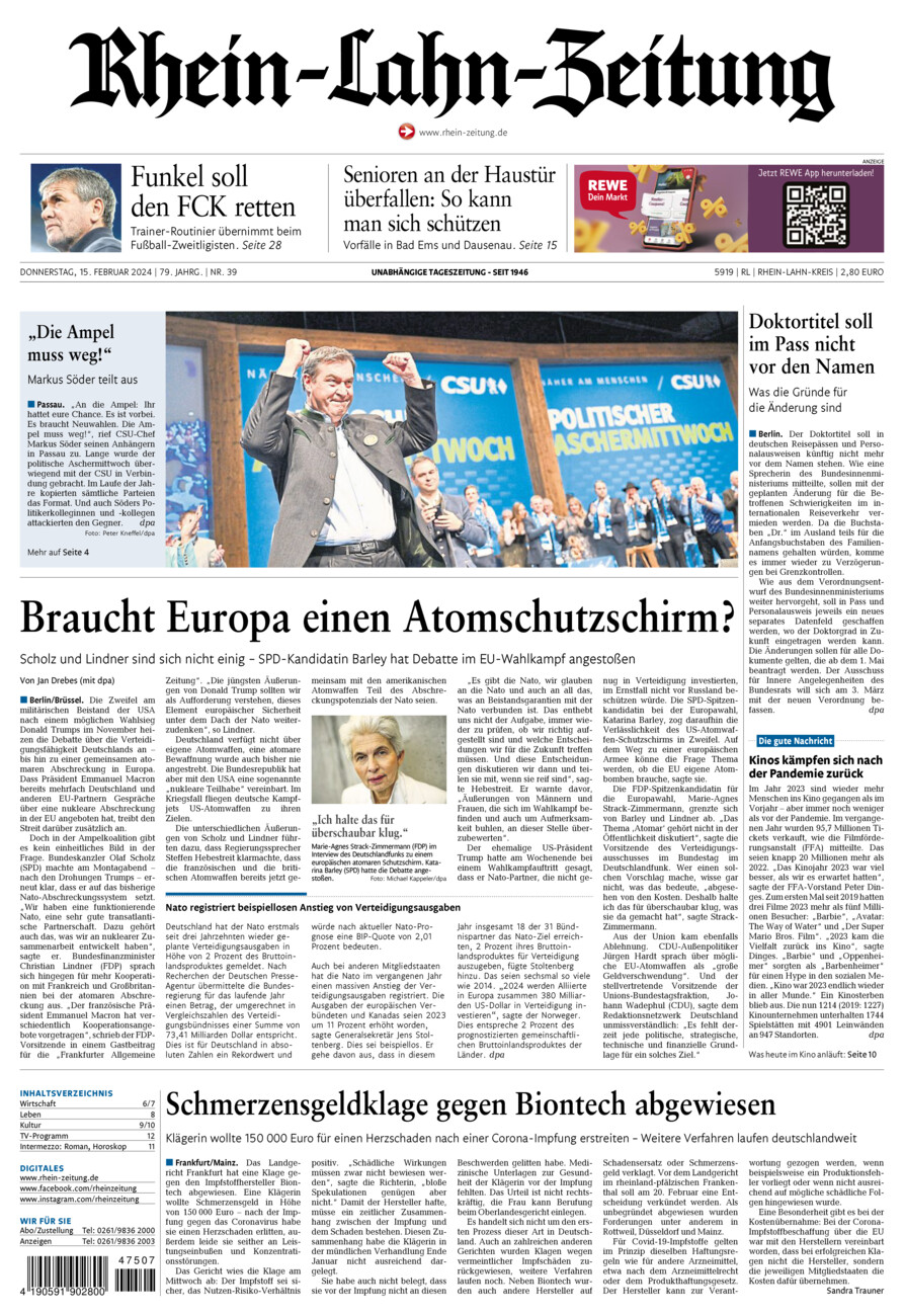 Rhein-Lahn-Zeitung vom Donnerstag, 15.02.2024