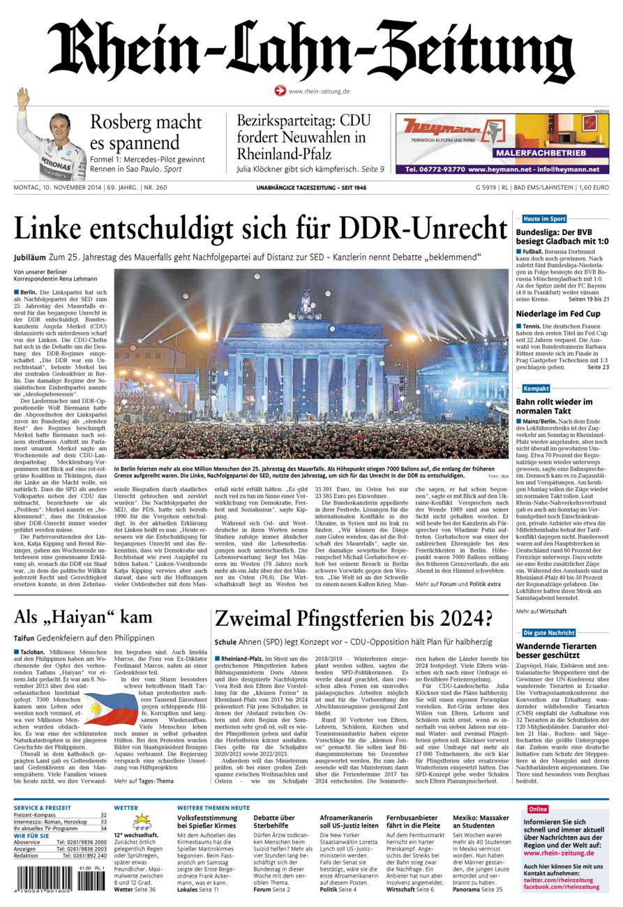 Rhein-Lahn-Zeitung vom Montag, 10.11.2014