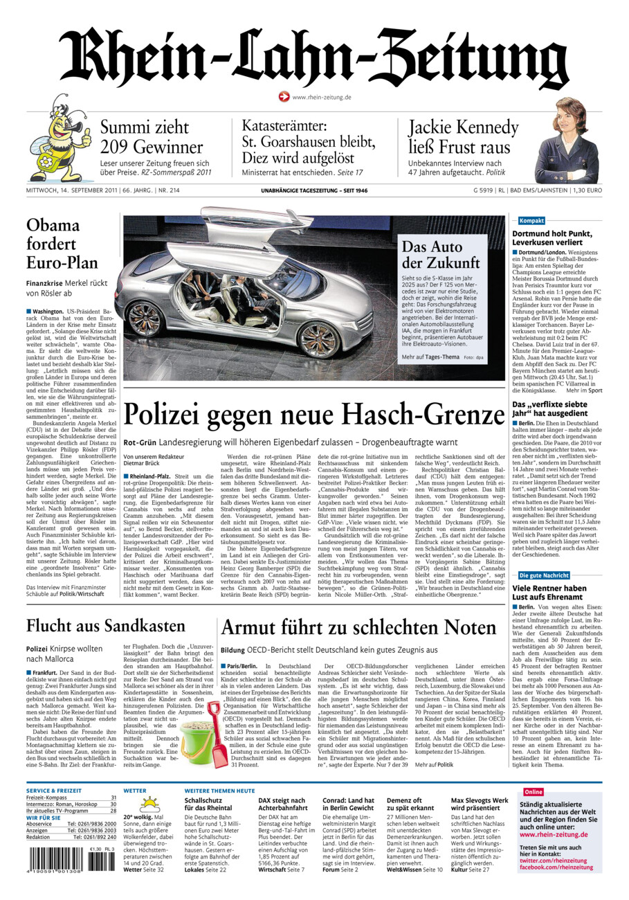 Rhein-Lahn-Zeitung vom Mittwoch, 14.09.2011