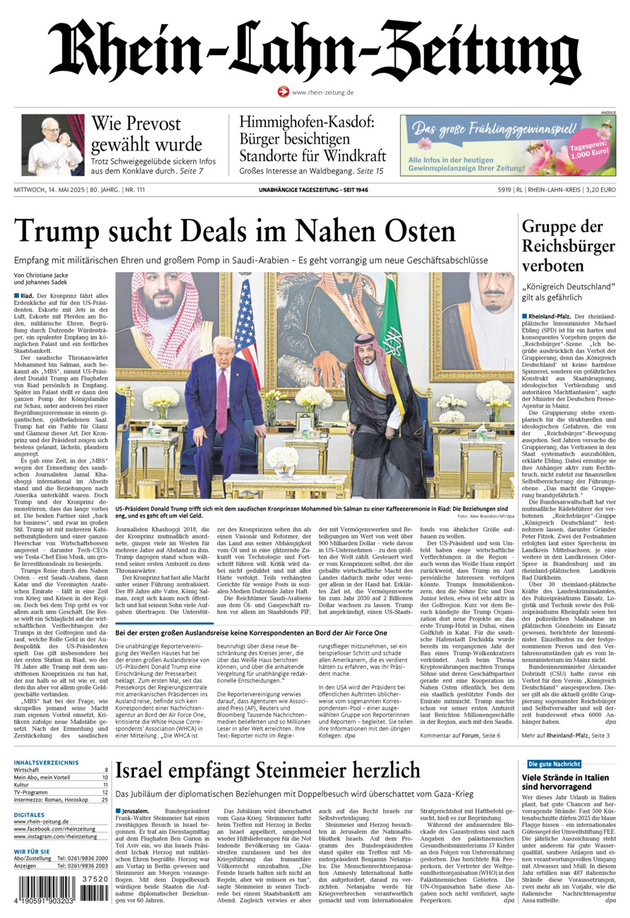 Rhein-Lahn-Zeitung vom Mittwoch, 14.05.2025