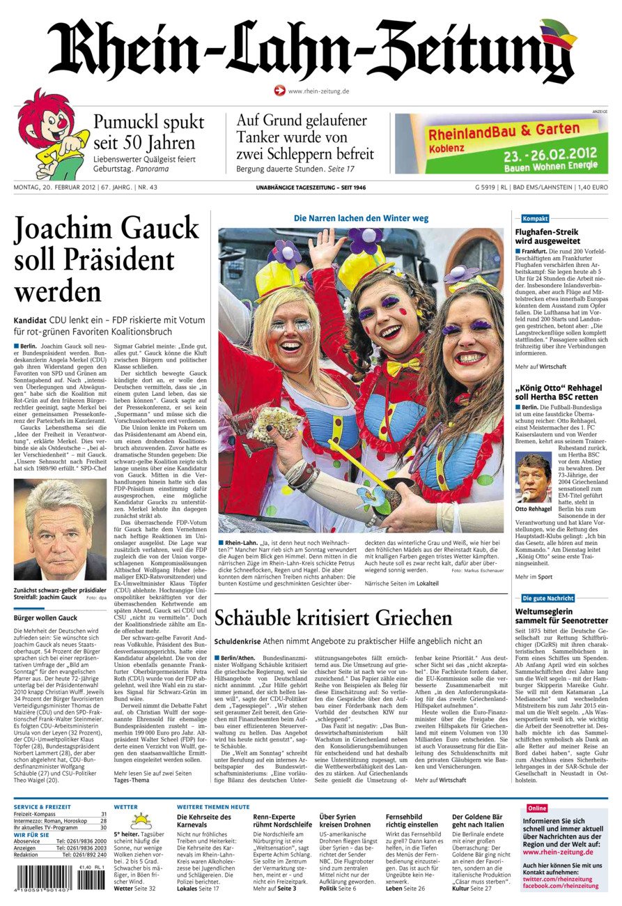 Rhein-Lahn-Zeitung vom Montag, 20.02.2012