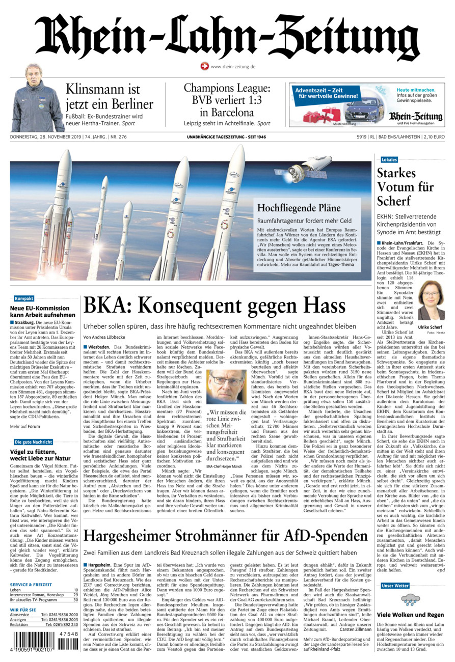 Rhein-Lahn-Zeitung vom Donnerstag, 28.11.2019
