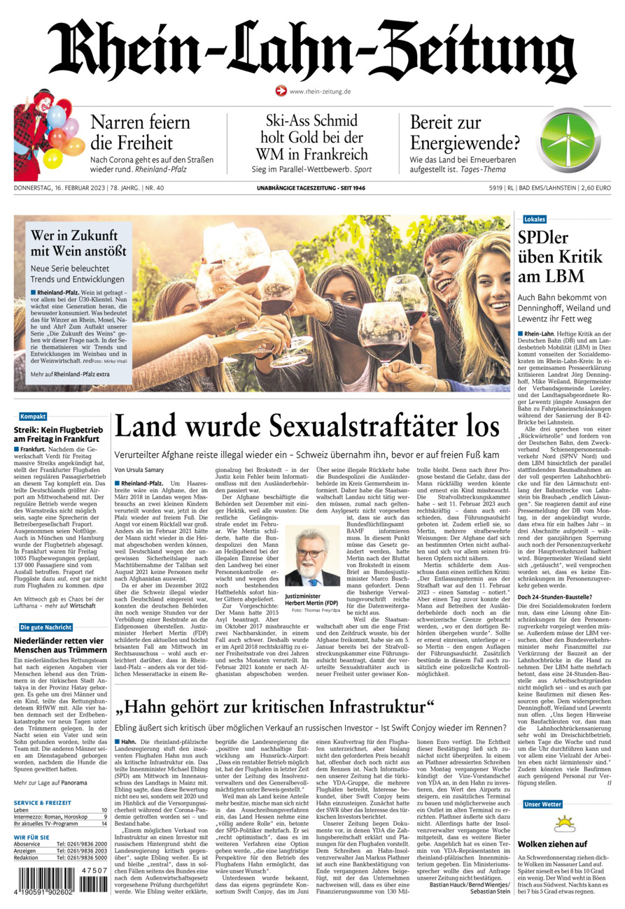 Rhein-Lahn-Zeitung vom Donnerstag, 16.02.2023