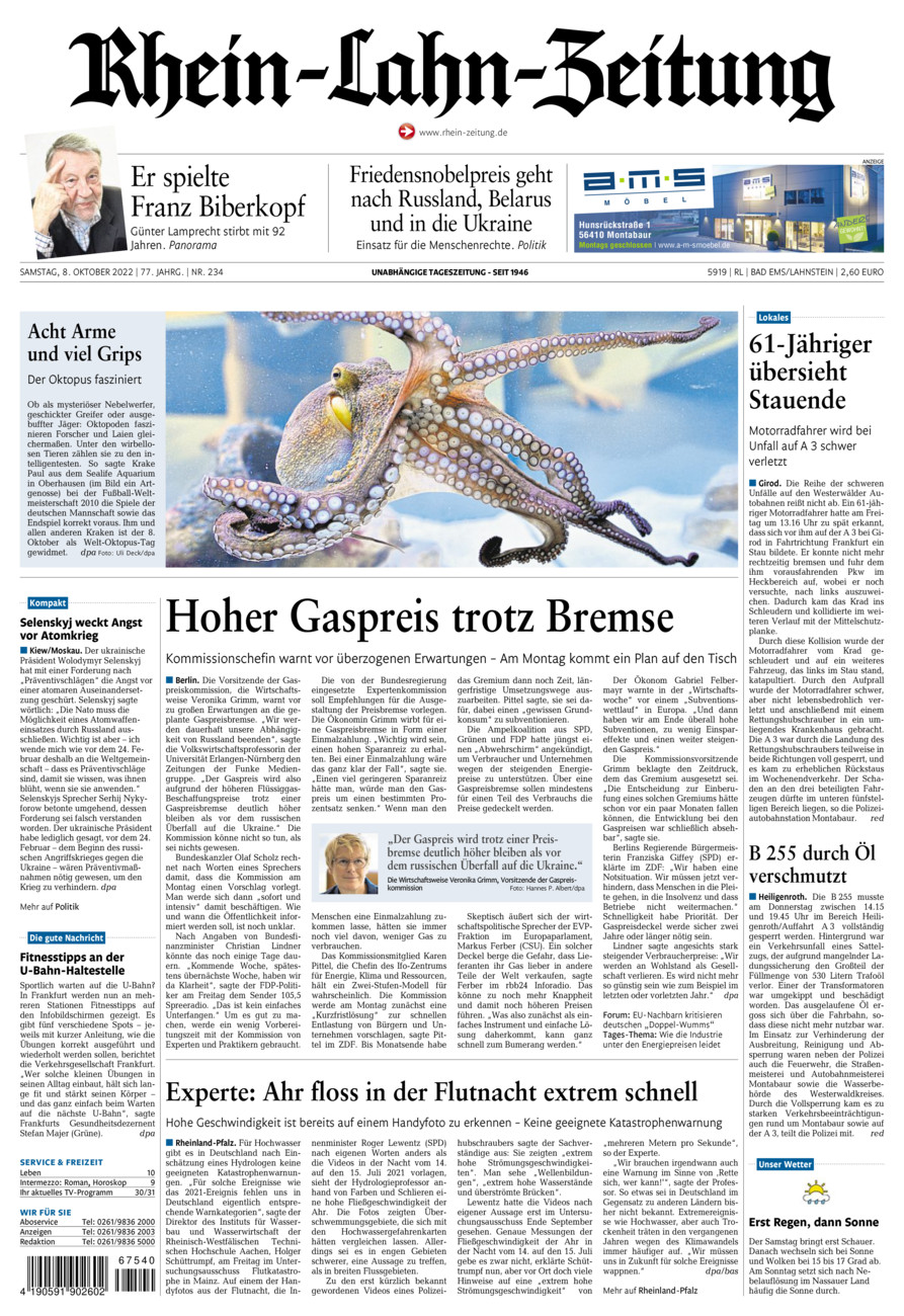 Rhein-Lahn-Zeitung vom Samstag, 08.10.2022