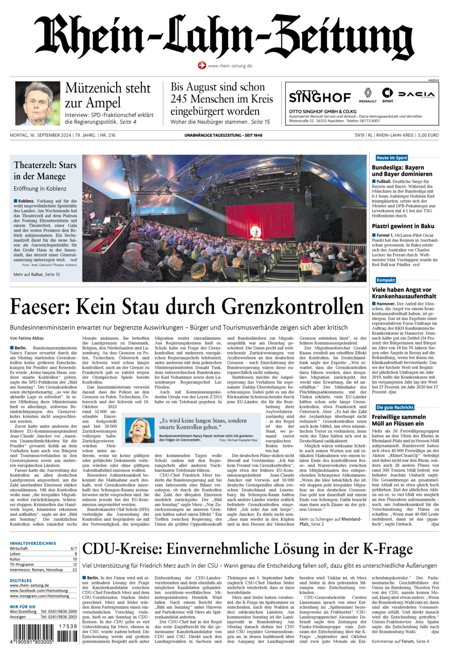 Rhein-Lahn-Zeitung vom Montag, 16.09.2024