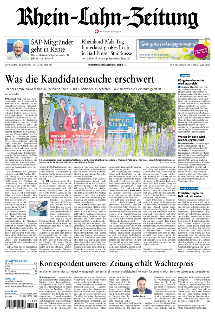 Rhein-Lahn-Zeitung vom Donnerstag, 16.05.2024