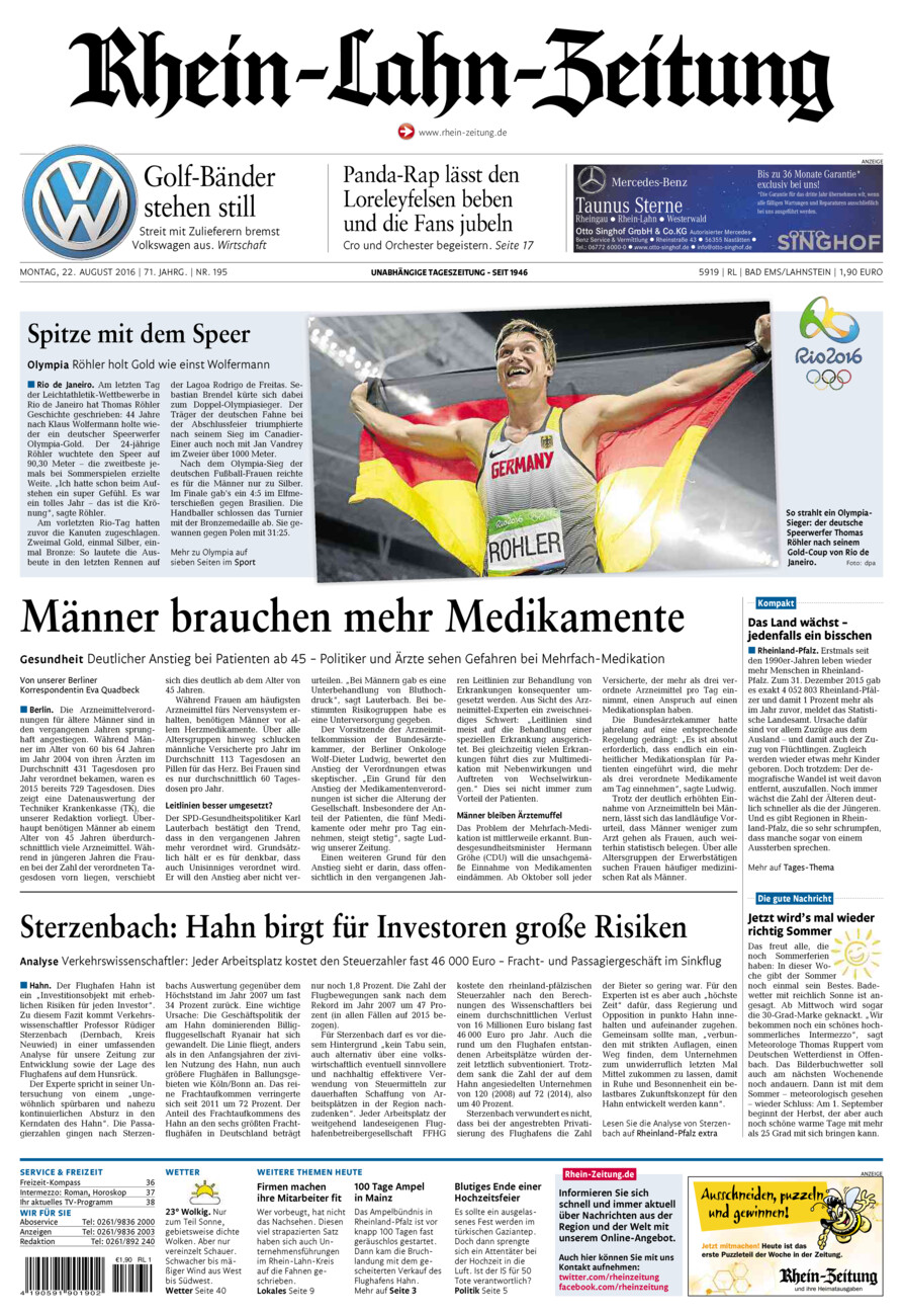 Rhein-Lahn-Zeitung vom Montag, 22.08.2016