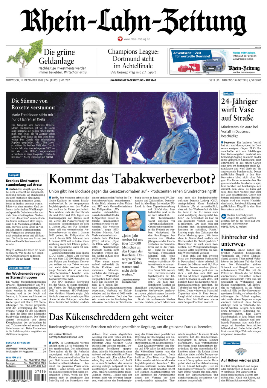 Rhein-Lahn-Zeitung vom Mittwoch, 11.12.2019