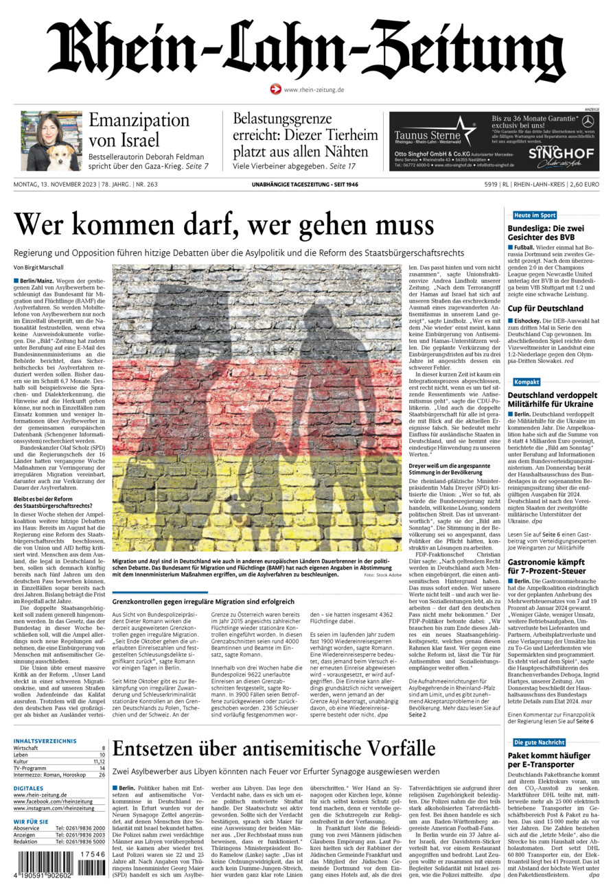 Rhein-Lahn-Zeitung vom Montag, 13.11.2023