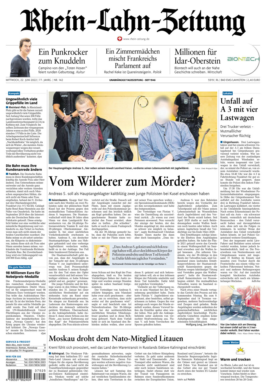 Rhein-Lahn-Zeitung vom Mittwoch, 22.06.2022
