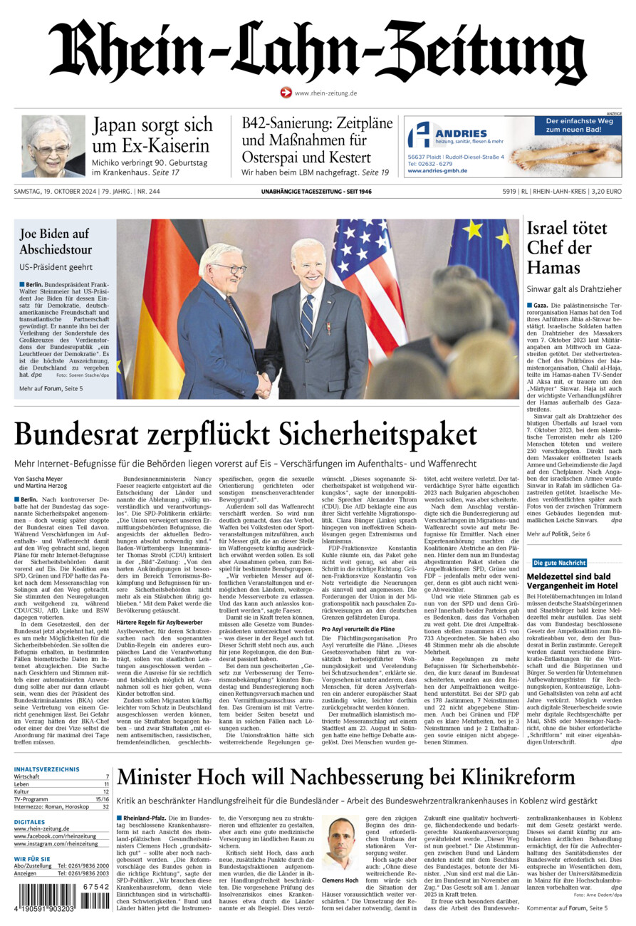 Rhein-Lahn-Zeitung vom Samstag, 19.10.2024