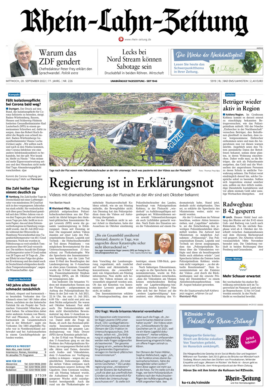 Rhein-Lahn-Zeitung vom Mittwoch, 28.09.2022