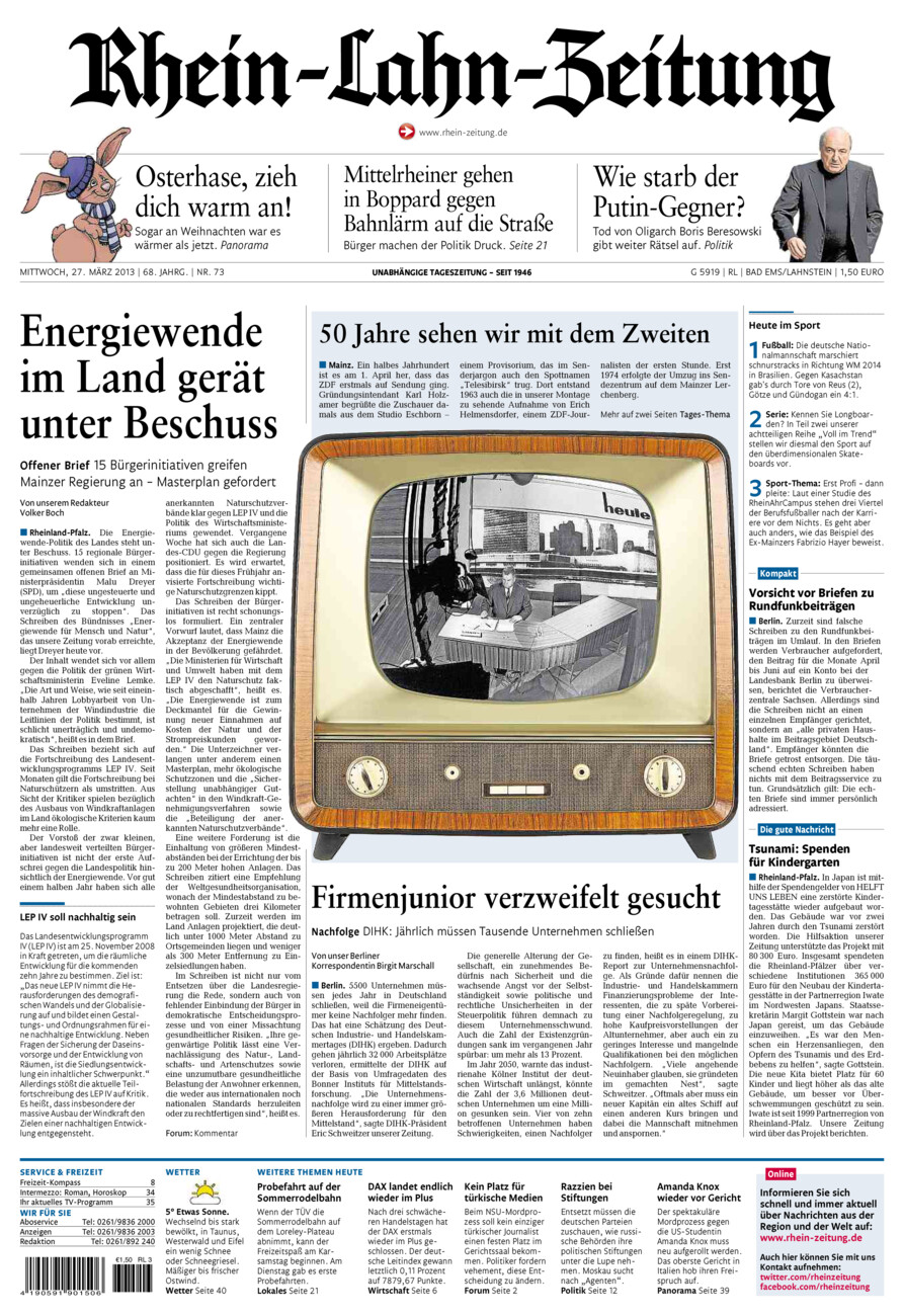 Rhein-Lahn-Zeitung vom Mittwoch, 27.03.2013