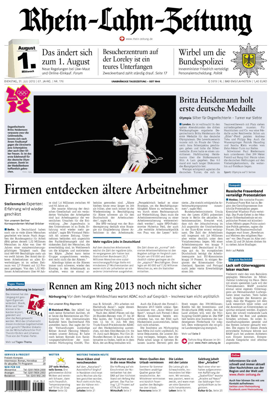 Rhein-Lahn-Zeitung vom Dienstag, 31.07.2012