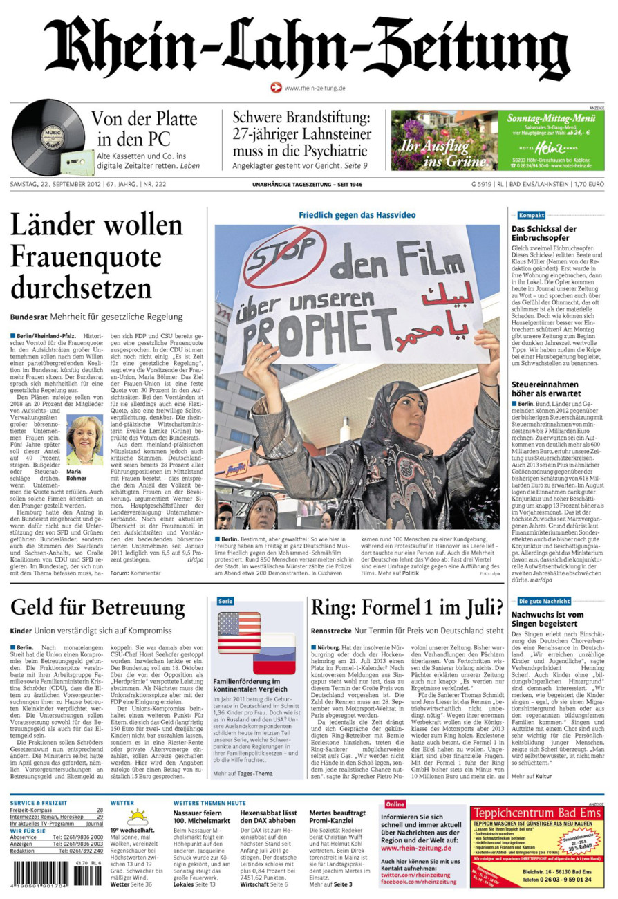 Rhein-Lahn-Zeitung vom Samstag, 22.09.2012