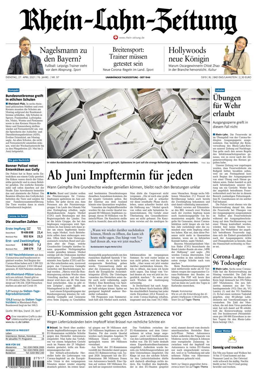 Rhein-Lahn-Zeitung vom Dienstag, 27.04.2021