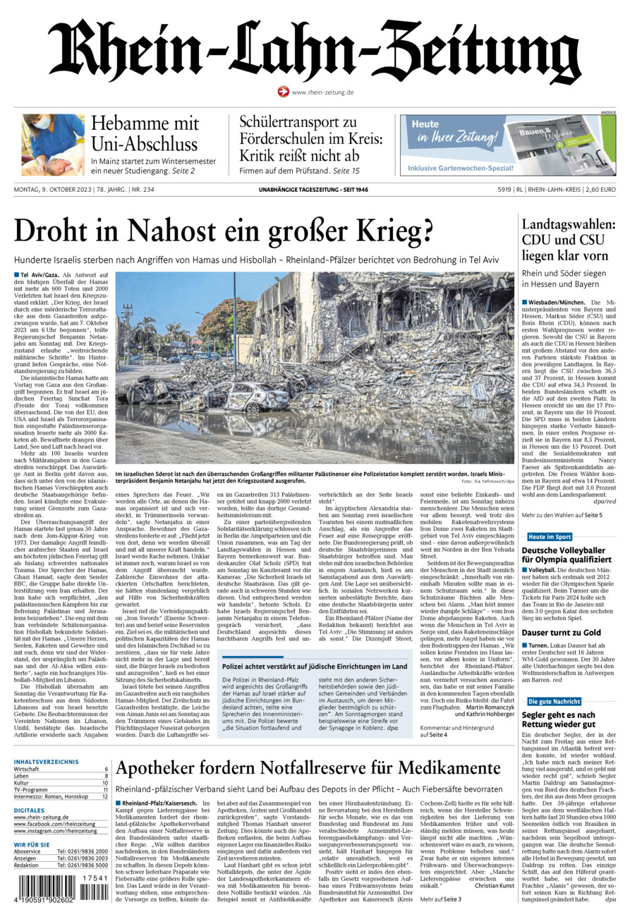 Rhein-Lahn-Zeitung vom Montag, 09.10.2023