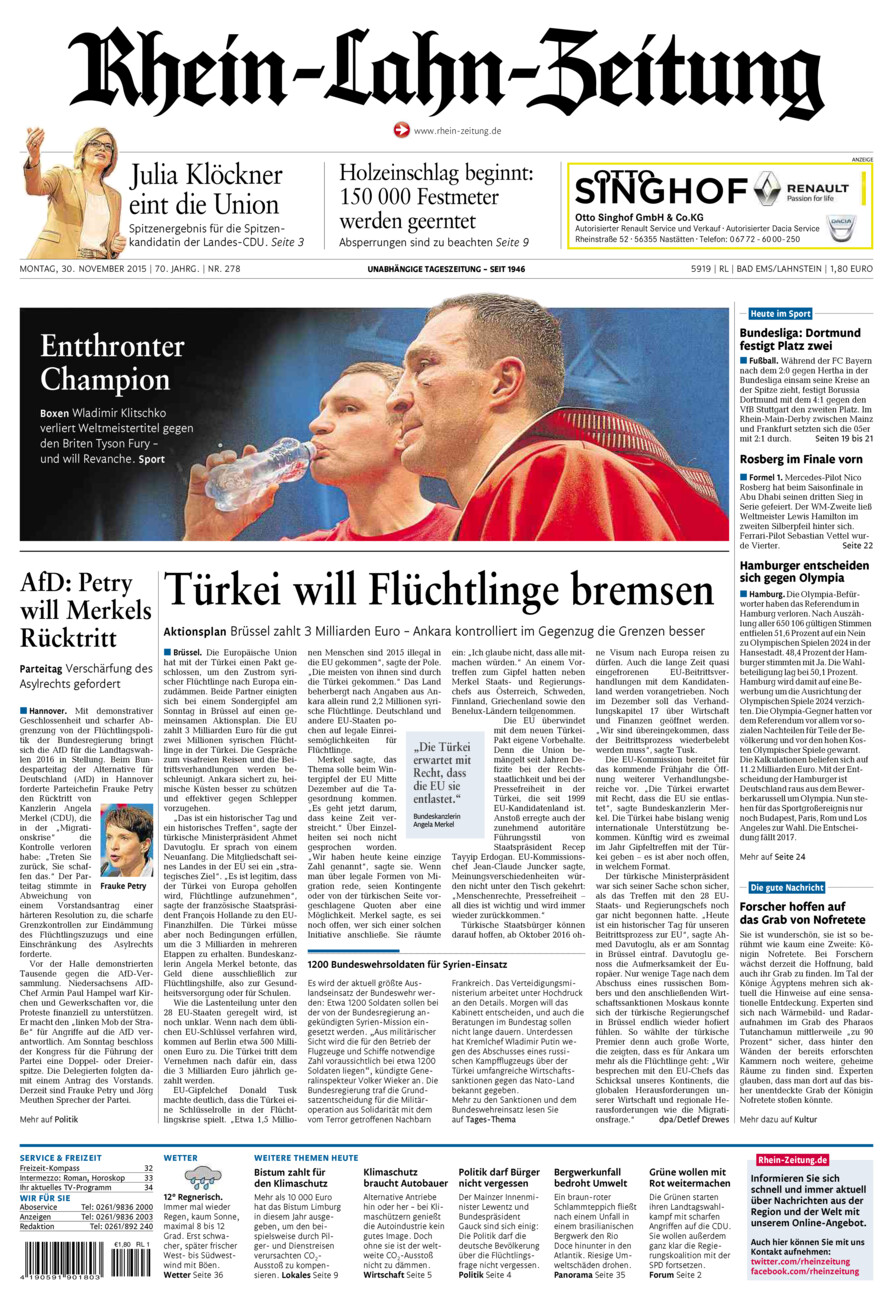 Rhein-Lahn-Zeitung vom Montag, 30.11.2015