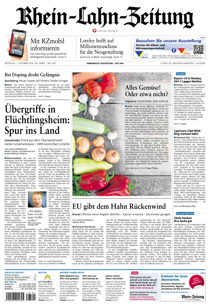 Rhein-Lahn-Zeitung vom Mittwoch, 01.10.2014