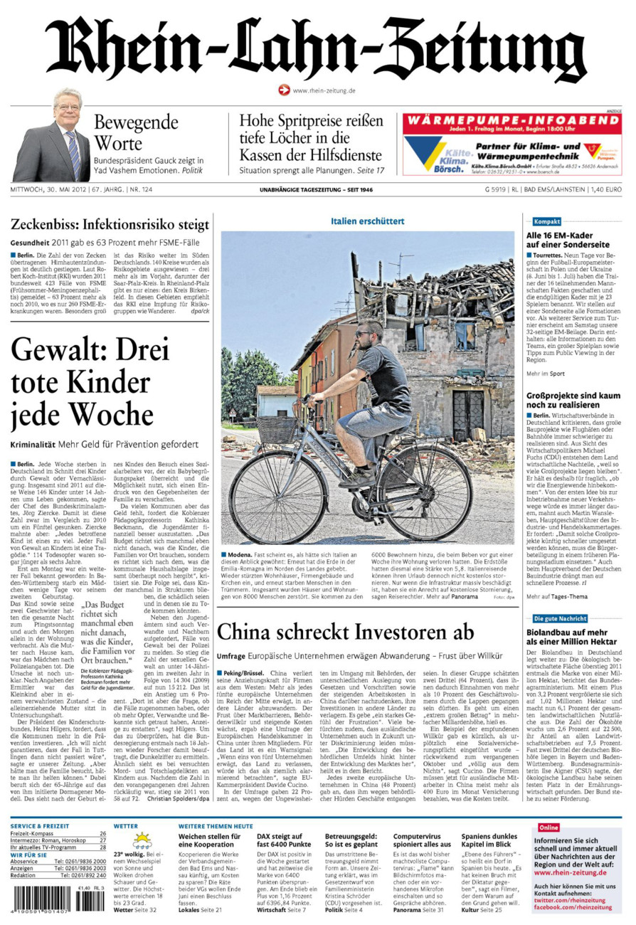 Rhein-Lahn-Zeitung vom Mittwoch, 30.05.2012