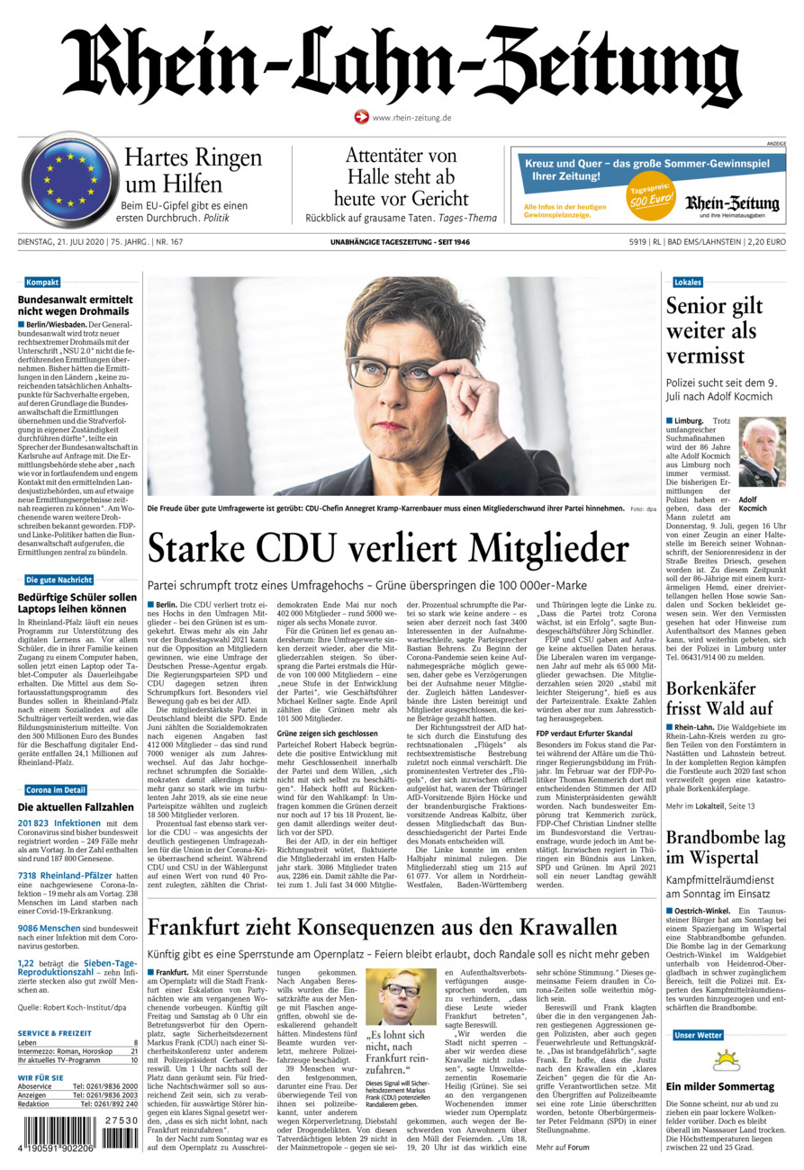 Rhein-Lahn-Zeitung vom Dienstag, 21.07.2020