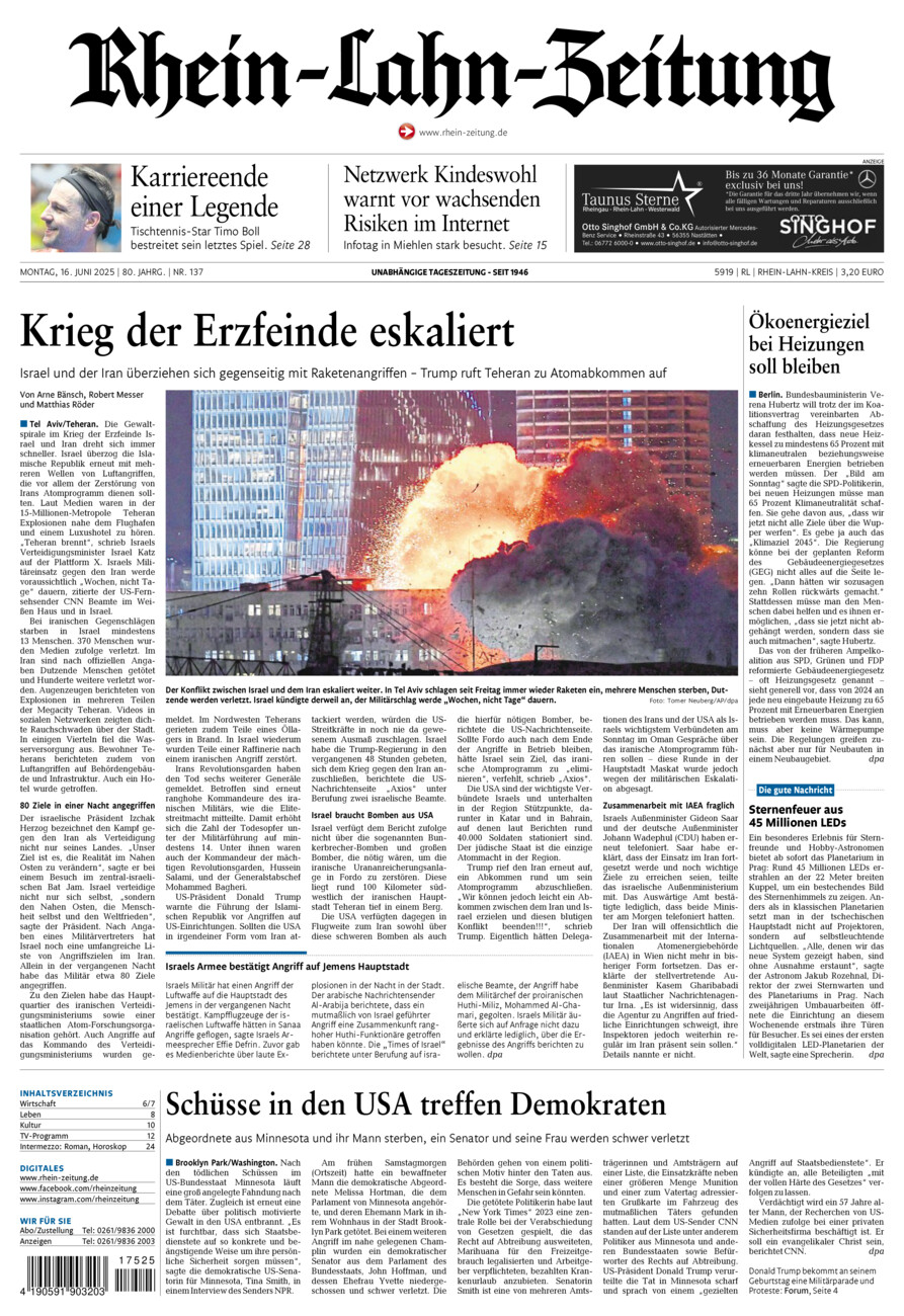 Rhein-Lahn-Zeitung vom Montag, 16.06.2025