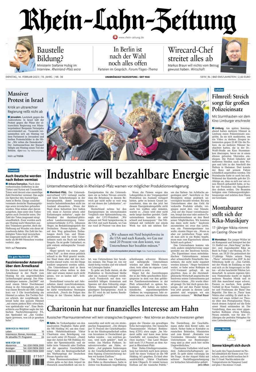 Rhein-Lahn-Zeitung vom Dienstag, 14.02.2023