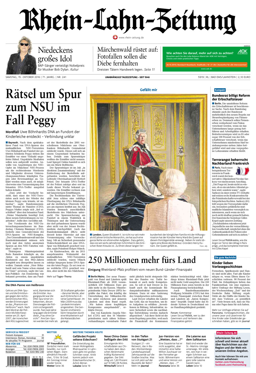 Rhein-Lahn-Zeitung vom Samstag, 15.10.2016