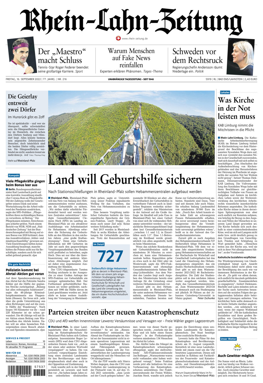 Rhein-Lahn-Zeitung vom Freitag, 16.09.2022
