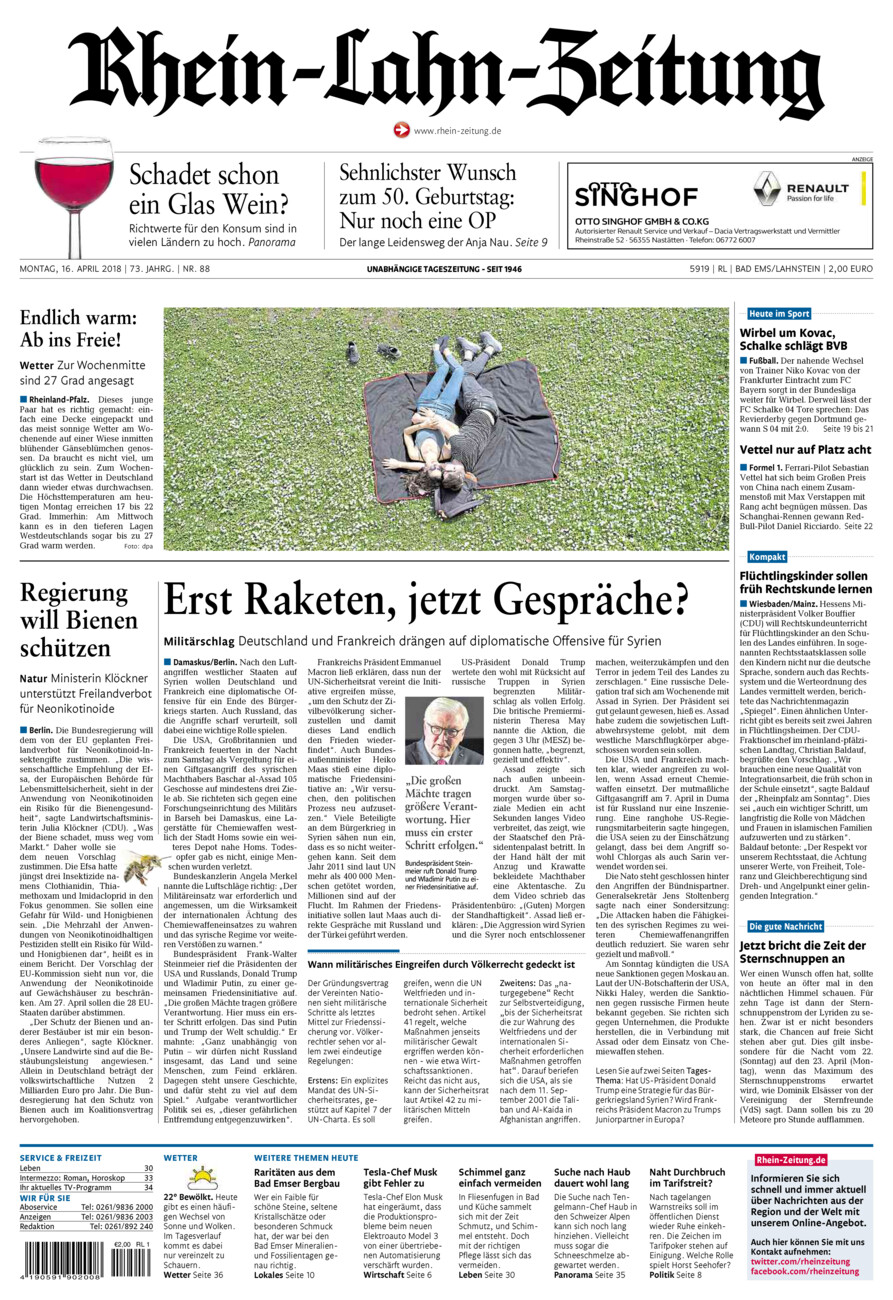 Rhein-Lahn-Zeitung vom Montag, 16.04.2018