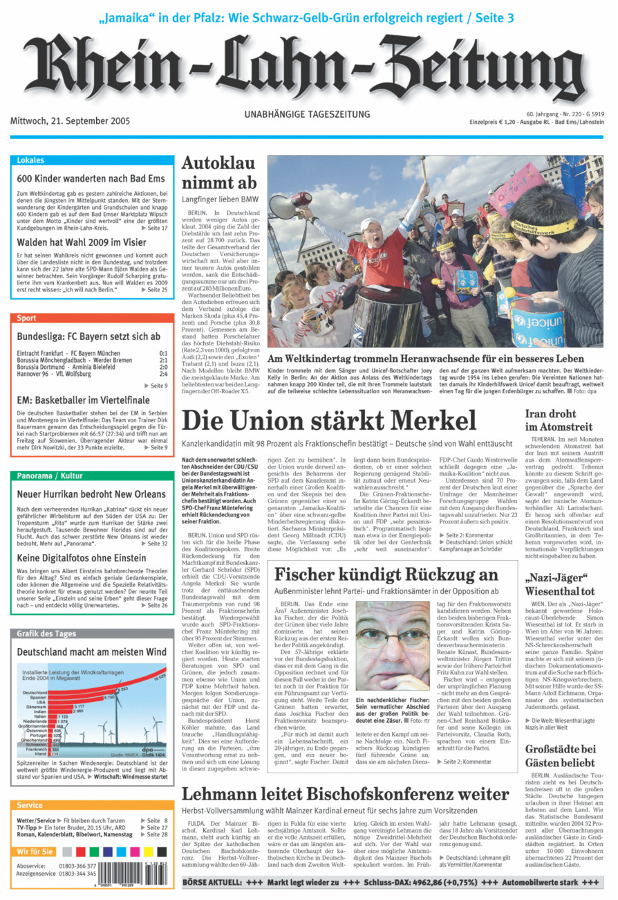 Rhein-Lahn-Zeitung vom Mittwoch, 21.09.2005