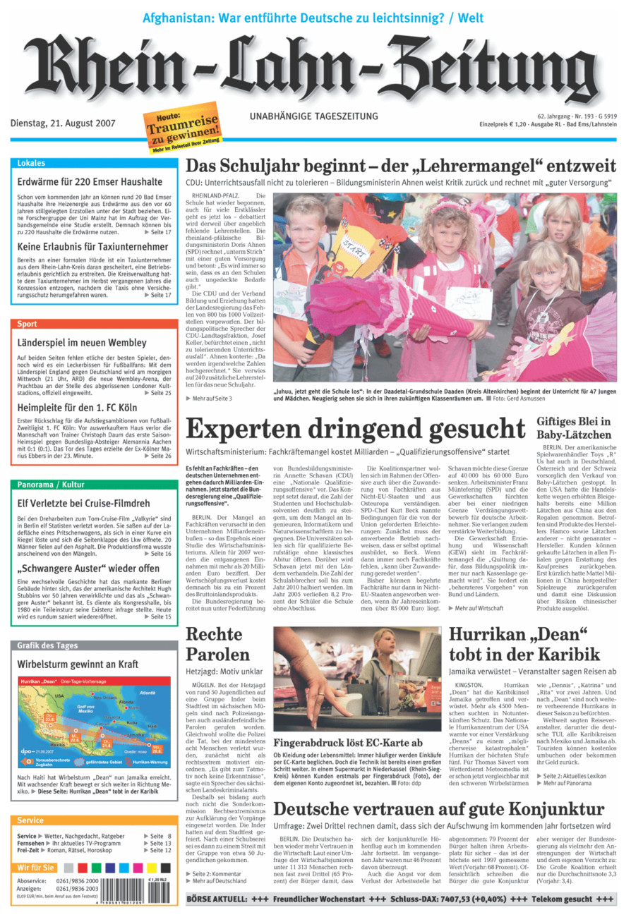 Rhein-Lahn-Zeitung vom Dienstag, 21.08.2007